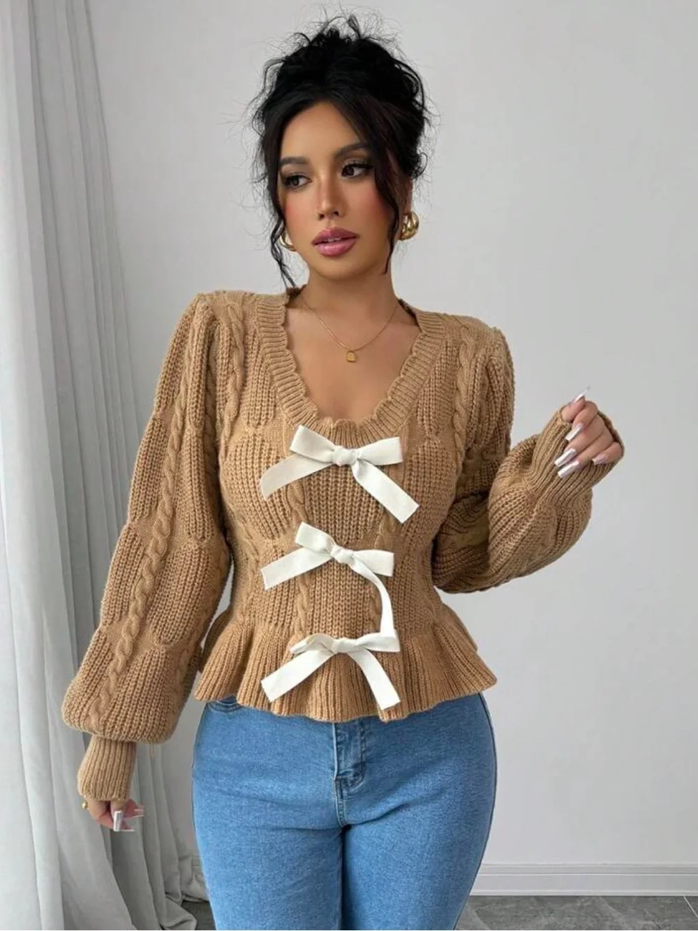 Chunky Cable Knit Peplum Knit Sweater with Bow Details - Camel